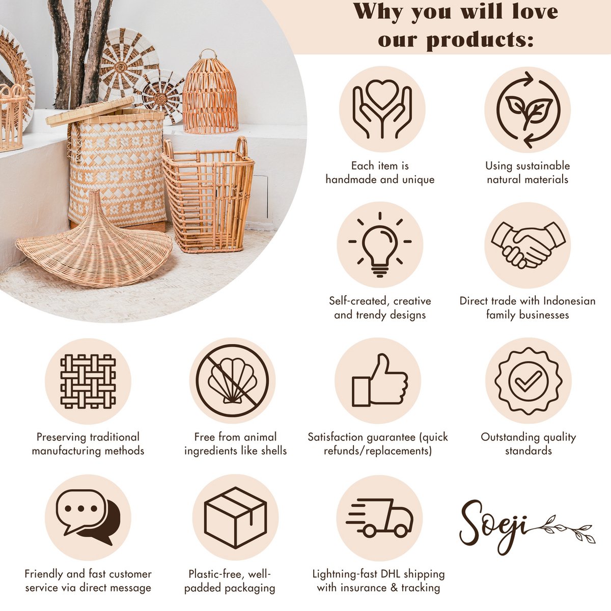 Rattanvase – Holzvase – Vase für Trockenblumen – Kleine Rattanvase – Boho-Dekorvase aus geflochtenem Rattan und Holz (Ø 22 cm) KAMARI braun