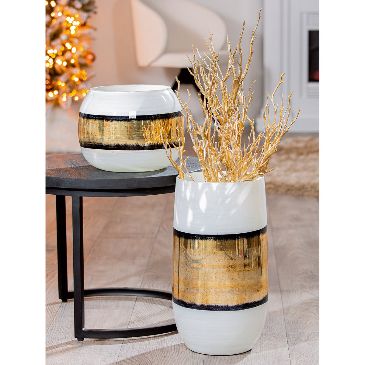 Vase bauchig Brokat, goldfarben; weiß H.21 cm