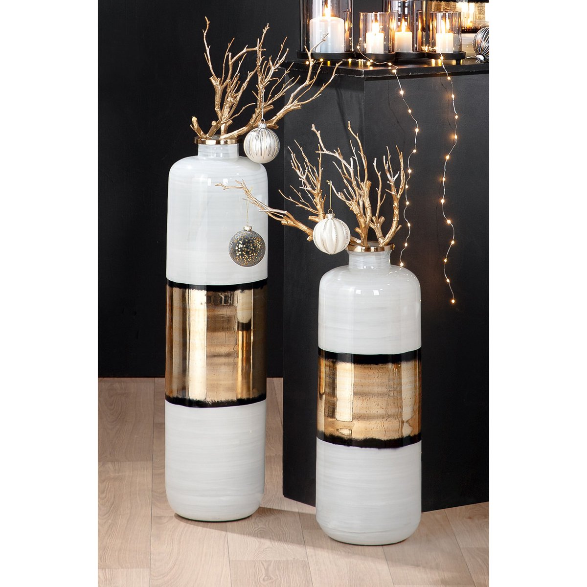 Halsvase groß Brokat, goldfarben; weiß H.85 cm