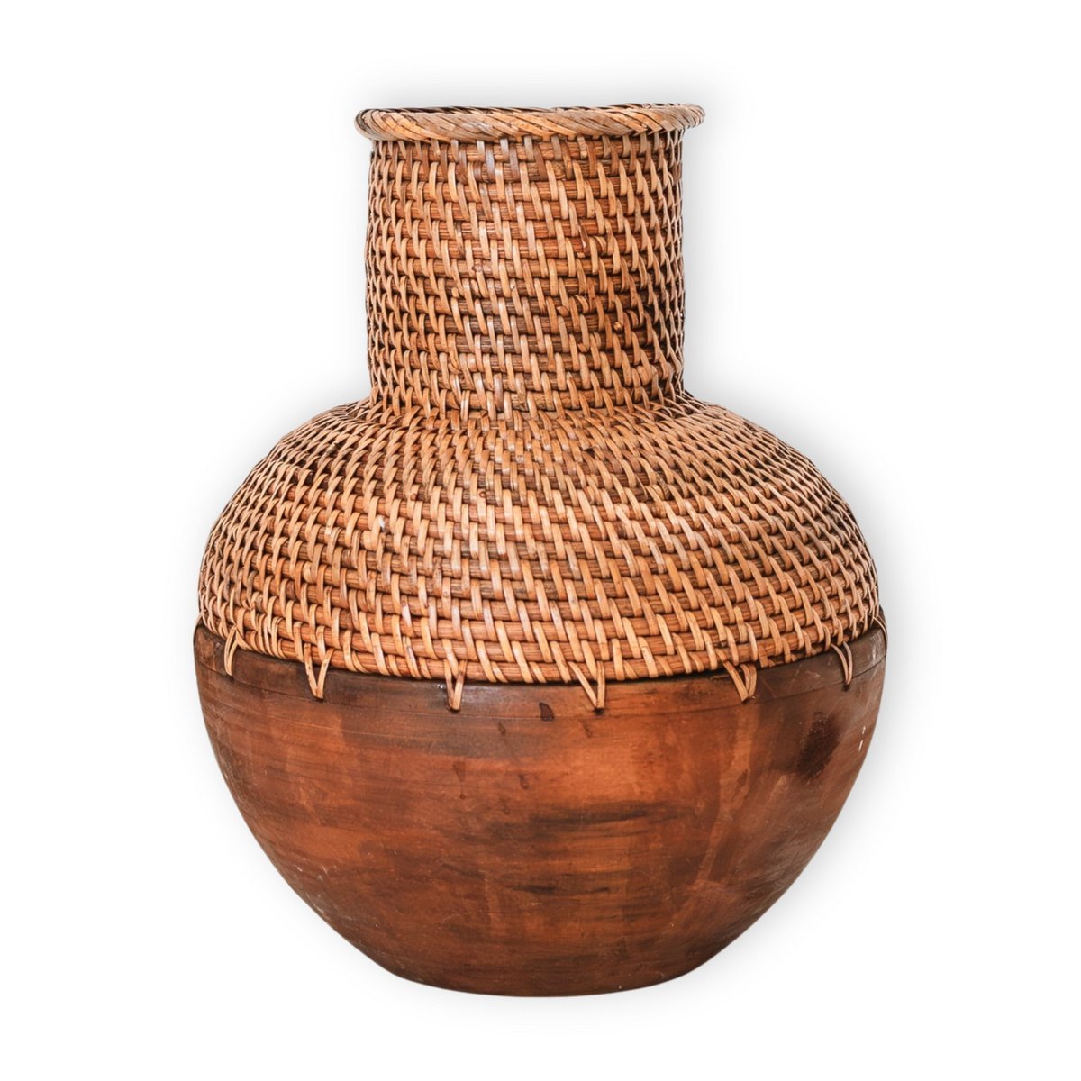 Rattanvase – Holzvase – Vase für Trockenblumen – Kleine Rattanvase – Boho-Dekorvase aus geflochtenem Rattan und Holz (Ø 22 cm) KAMARI braun